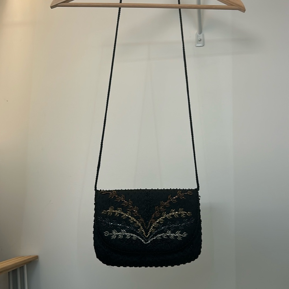 Carolyne Barton Evening Purse Black Clear Gold Brown Beading
